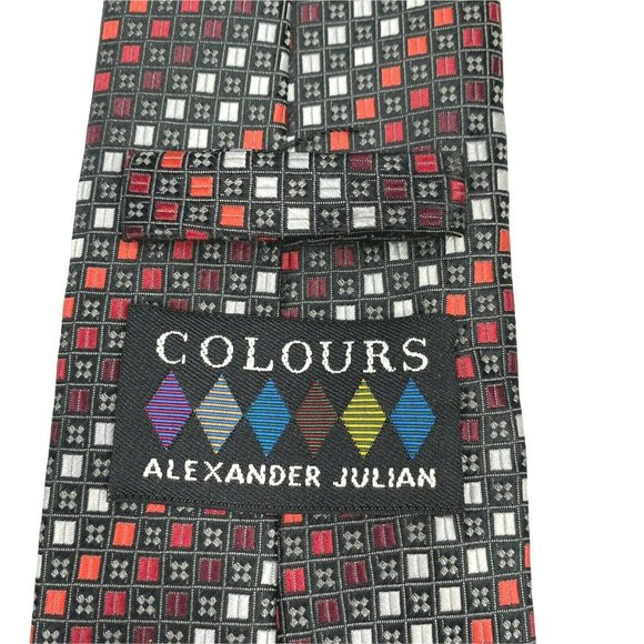 Alexander Julian Colours‎ Mens Tie Polyester Gray Red White Square Geometric - Picture 4 of 8